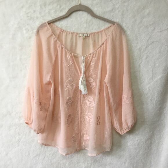Under Skies Tops - Under Skies Sheer Blush Flower Pattern Blouse